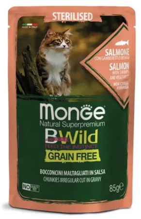 Monge BWild GF Sterilized Cat (лосось, креветки, овощи), 85 г х 24 шт. в зоомагазине Лепшы Сябар